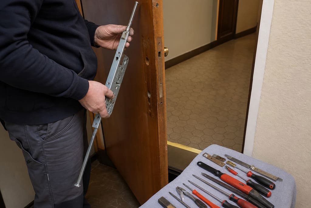 changement serrure porte palière outils alignés